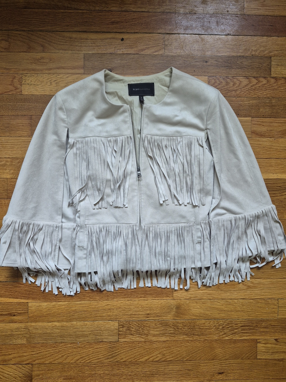 BCBGMaxAzria Light Cream Suede Fringe Zip Jacket